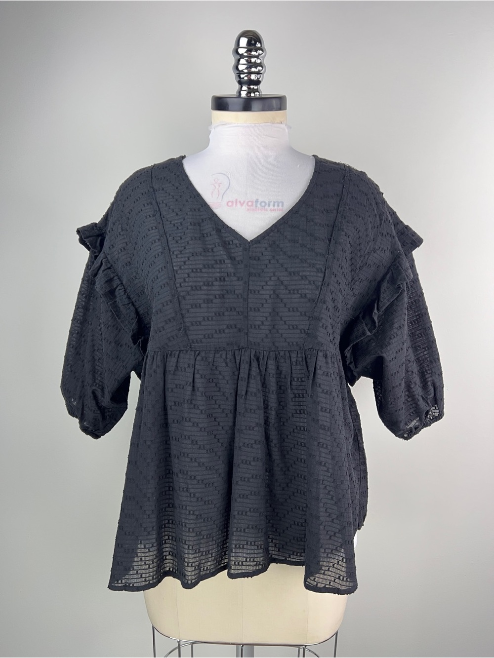 💚 3682. Black V-Neck Ruffle Sleeve Peasant Top